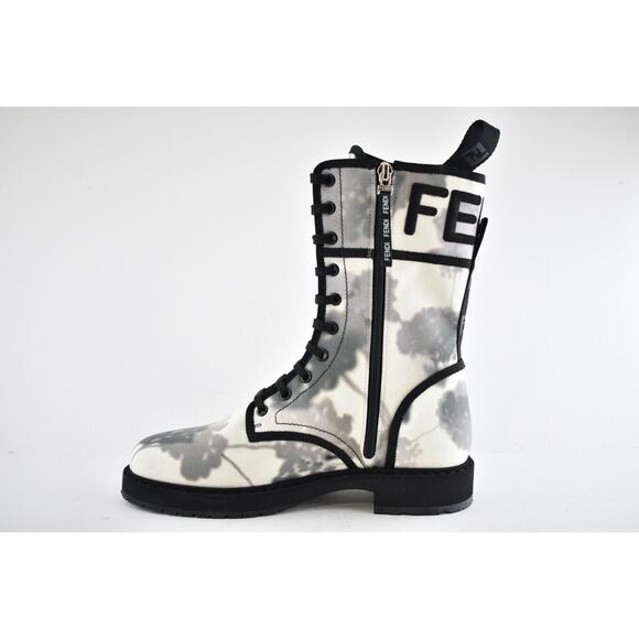 Fendi Black Grey White Tie Dye Canvas Lace Up Tie Logo Combat Biker Boot 39.5 - Picture 8 of 12